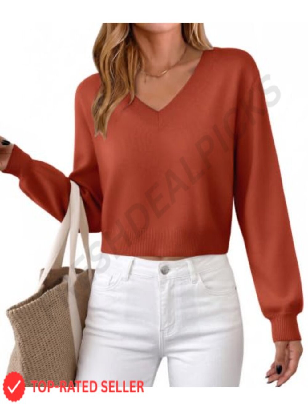Viscose Nylon Knit Cropped Sweater V-Neck Long Sleeve Pullover